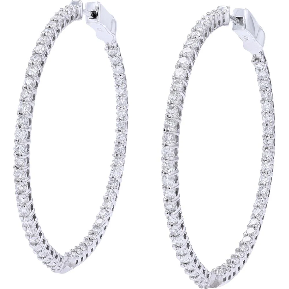 14K White Gold 1.75" Inside - Out Hoop Earrings with 3.00 Carat Total Prong Set Round Diamonds