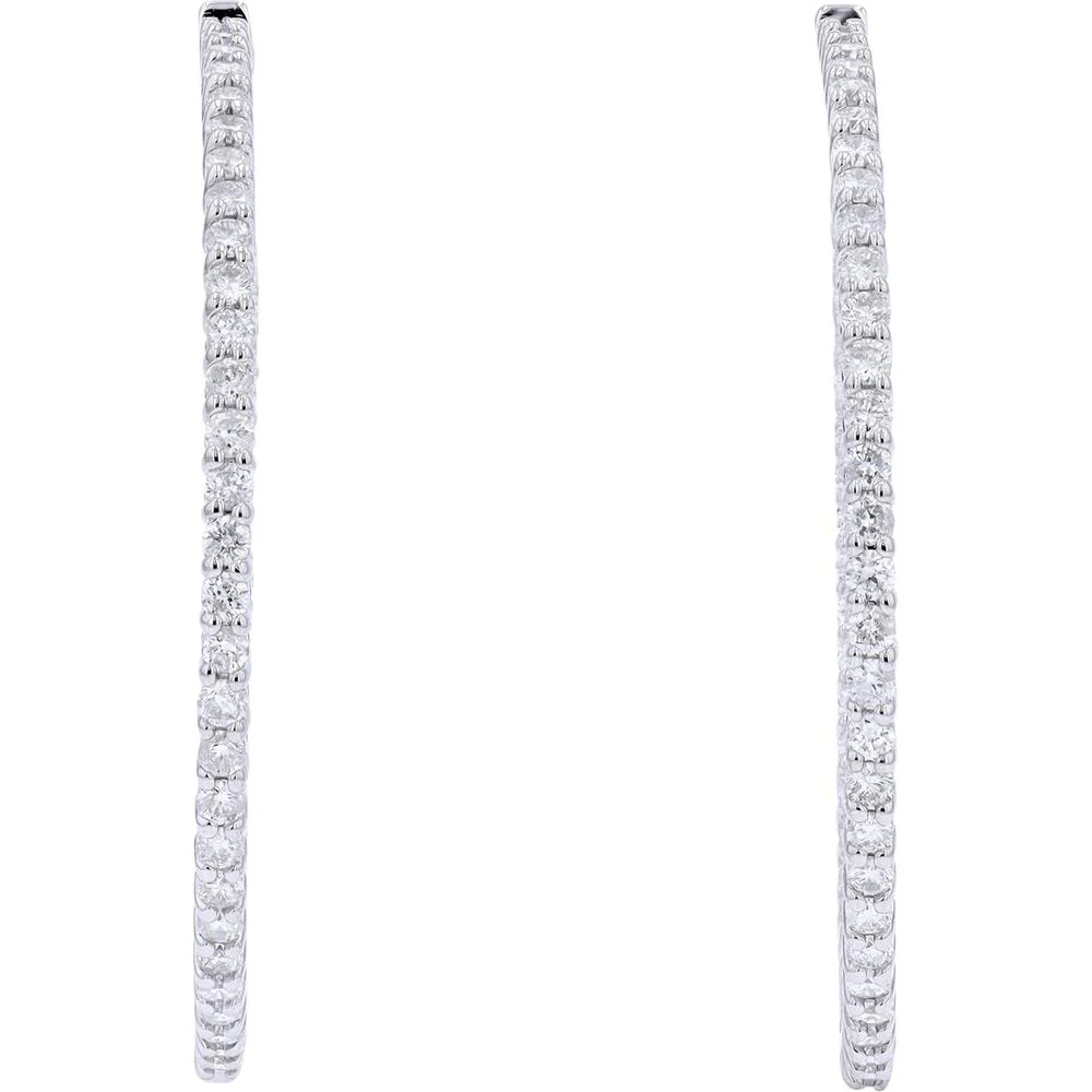 14K White Gold 1.75" Inside - Out Hoop Earrings with 3.00 Carat Total Prong Set Round Diamonds - Image 2