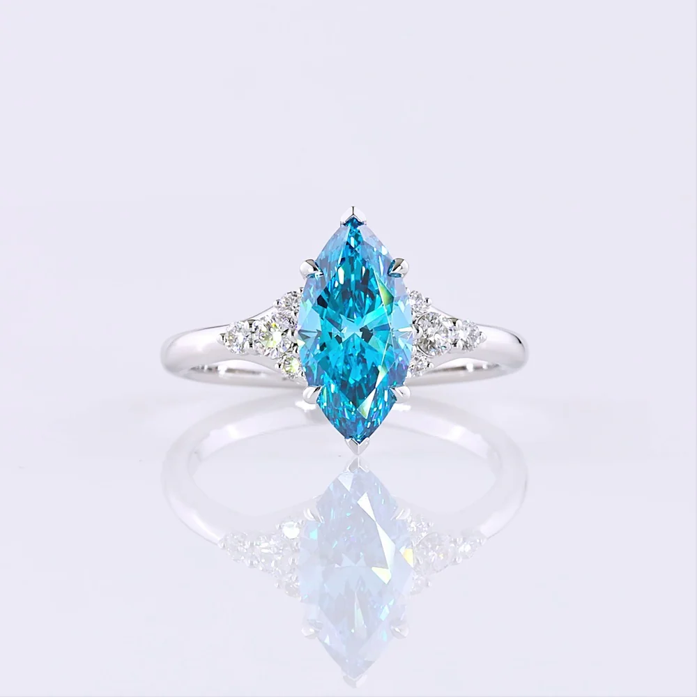 14K White Gold 1.84 Carats Total Weight Marquise Cut Fancy Vivid Blue Lab Diamond Ring with Brilliant Cut Diamond Accents - IGI Certified - Covaloro Fine Jewelry