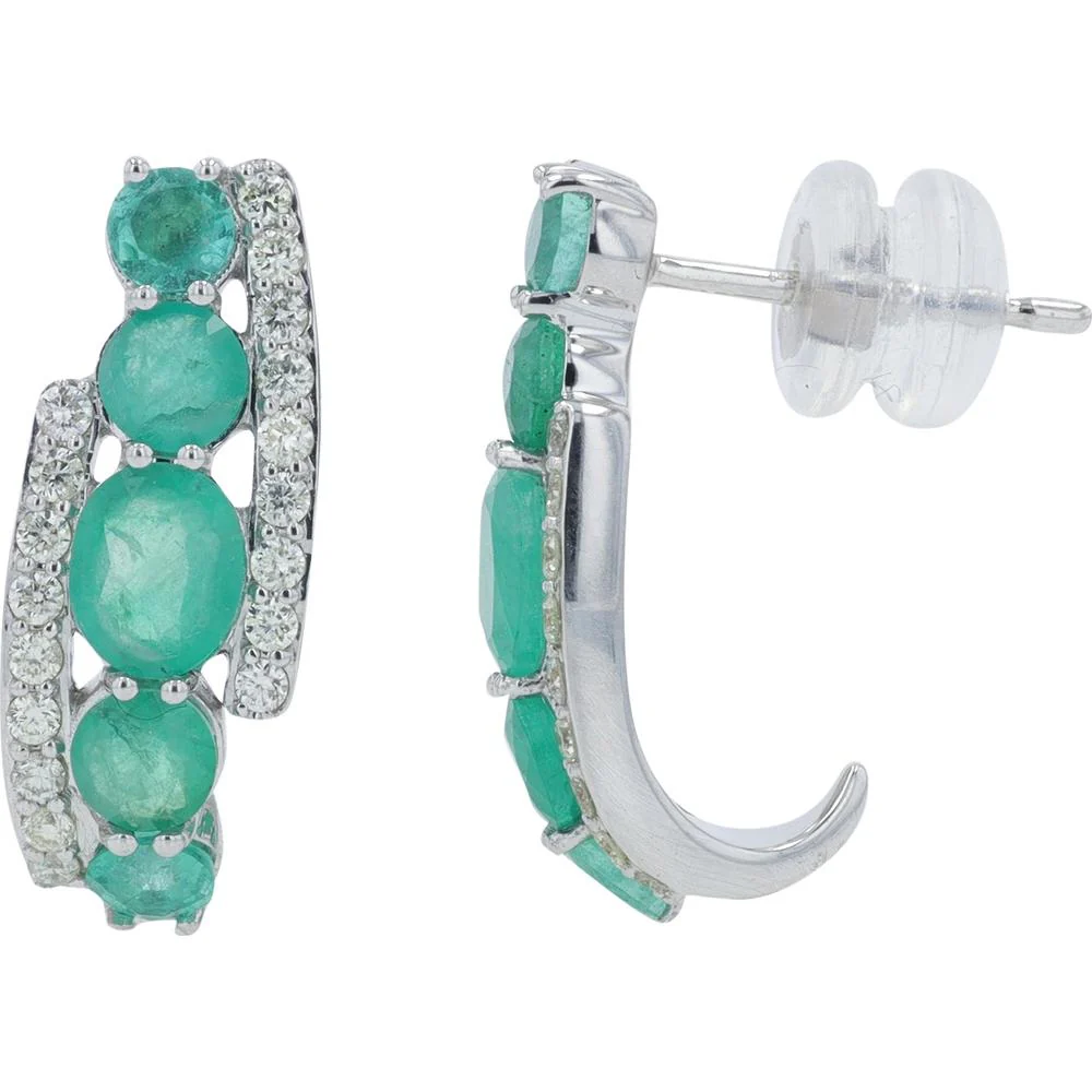 14K White Gold 1.85 Carat Oval Emerald J - Hoop Earrings with 0.32 Carat Diamond Accents - Image 2