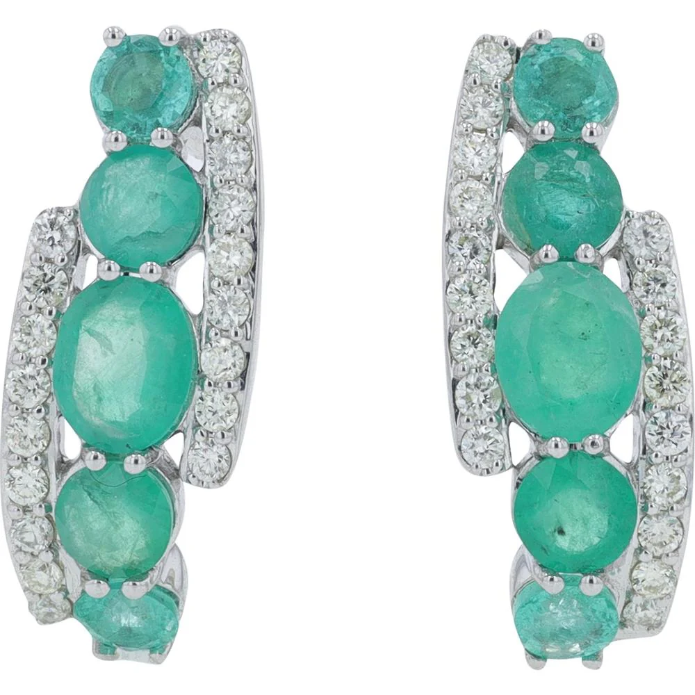 14K White Gold 1.85 Carat Oval Emerald J - Hoop Earrings with 0.32 Carat Diamond Accents - Image 3