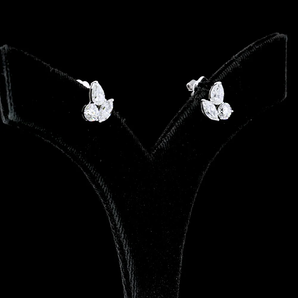14K White Gold 1.88 Carats Total Weight Pear Shape Diamond Cluster Stud Earrings with Round and Marquise Cut Lab Diamonds - Covaloro Fine Jewelry