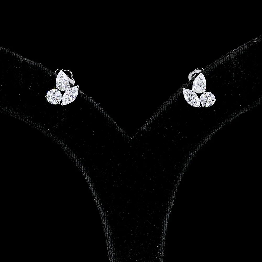 14K White Gold 1.88 Carats Total Weight Pear Shape Diamond Cluster Stud Earrings with Round and Marquise Cut Lab Diamonds - Covaloro Fine Jewelry - Image 2