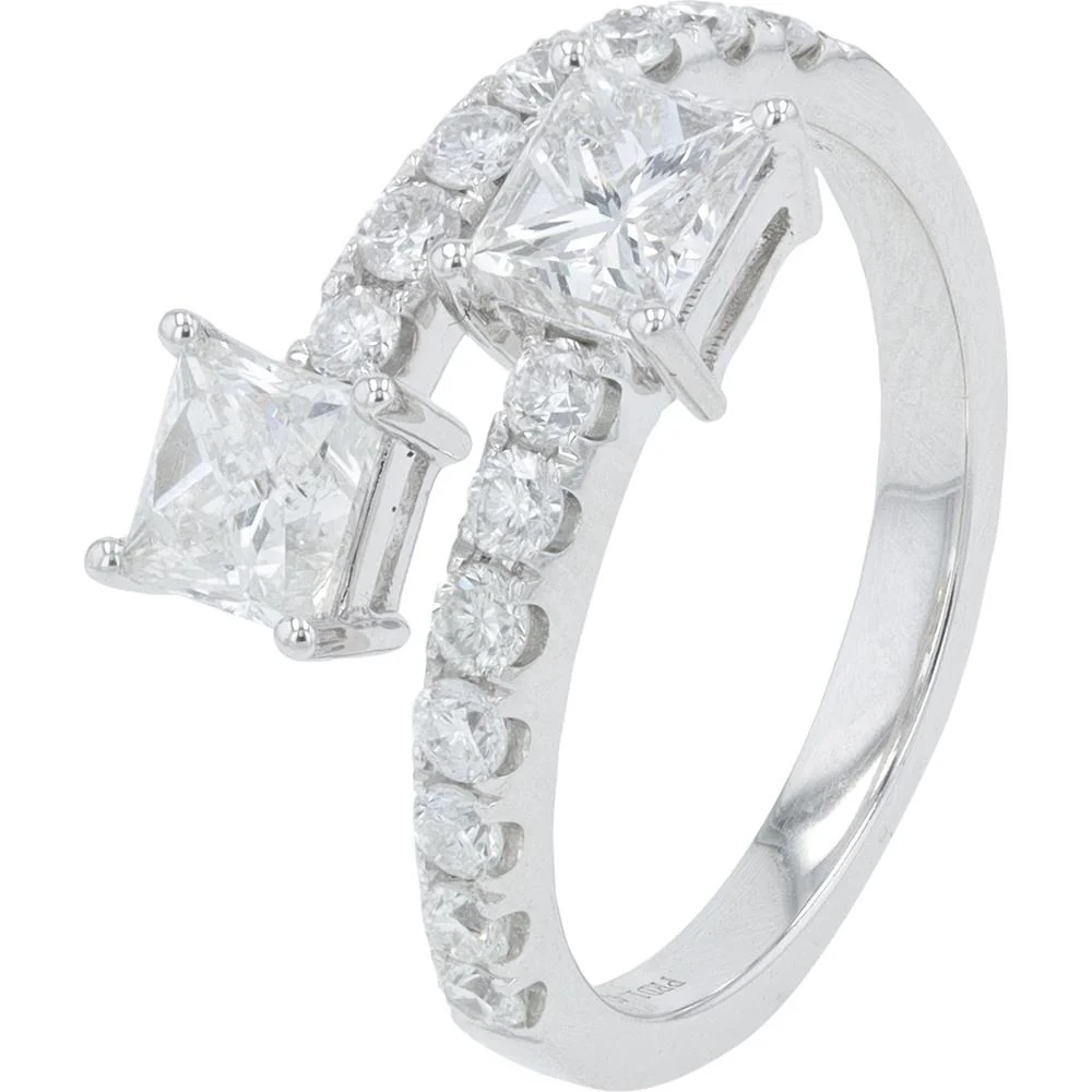 14K White Gold 1.90 Carat Diamond Bypass Ring with Princess - Cut Center Stones - 1.42 Carat Total Diamond Weight