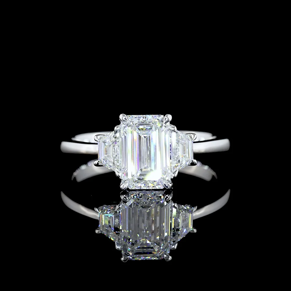 14K White Gold 1.95 Carat Three Stone Ring with Emerald Cut and Trapezoid Cut Lab Diamonds - F VS1 Center, North-South Prong Setting - Covaloro Fine Jewelry