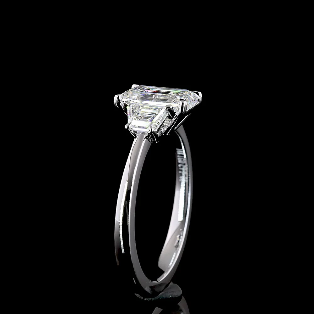 14K White Gold 1.95 Carat Three Stone Ring with Emerald Cut and Trapezoid Cut Lab Diamonds - F VS1 Center, North-South Prong Setting - Covaloro Fine Jewelry - Image 2