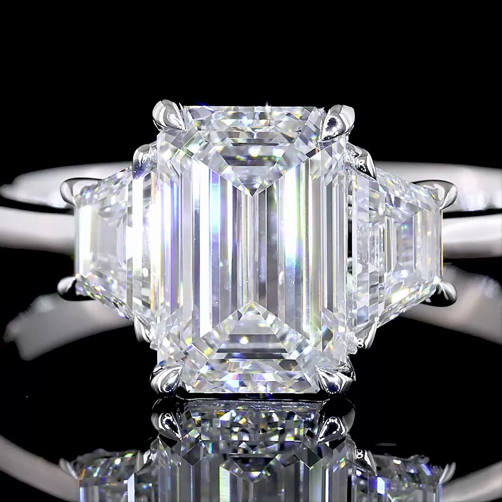 14K White Gold 1.95 Carat Three Stone Ring with Emerald Cut and Trapezoid Cut Lab Diamonds - F VS1 Center, North-South Prong Setting - Covaloro Fine Jewelry - Image 3