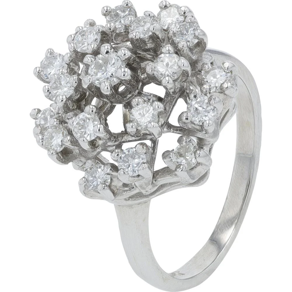 14K White Gold 1 Carat Diamond Cluster Ring - Round Prong Set Diamonds