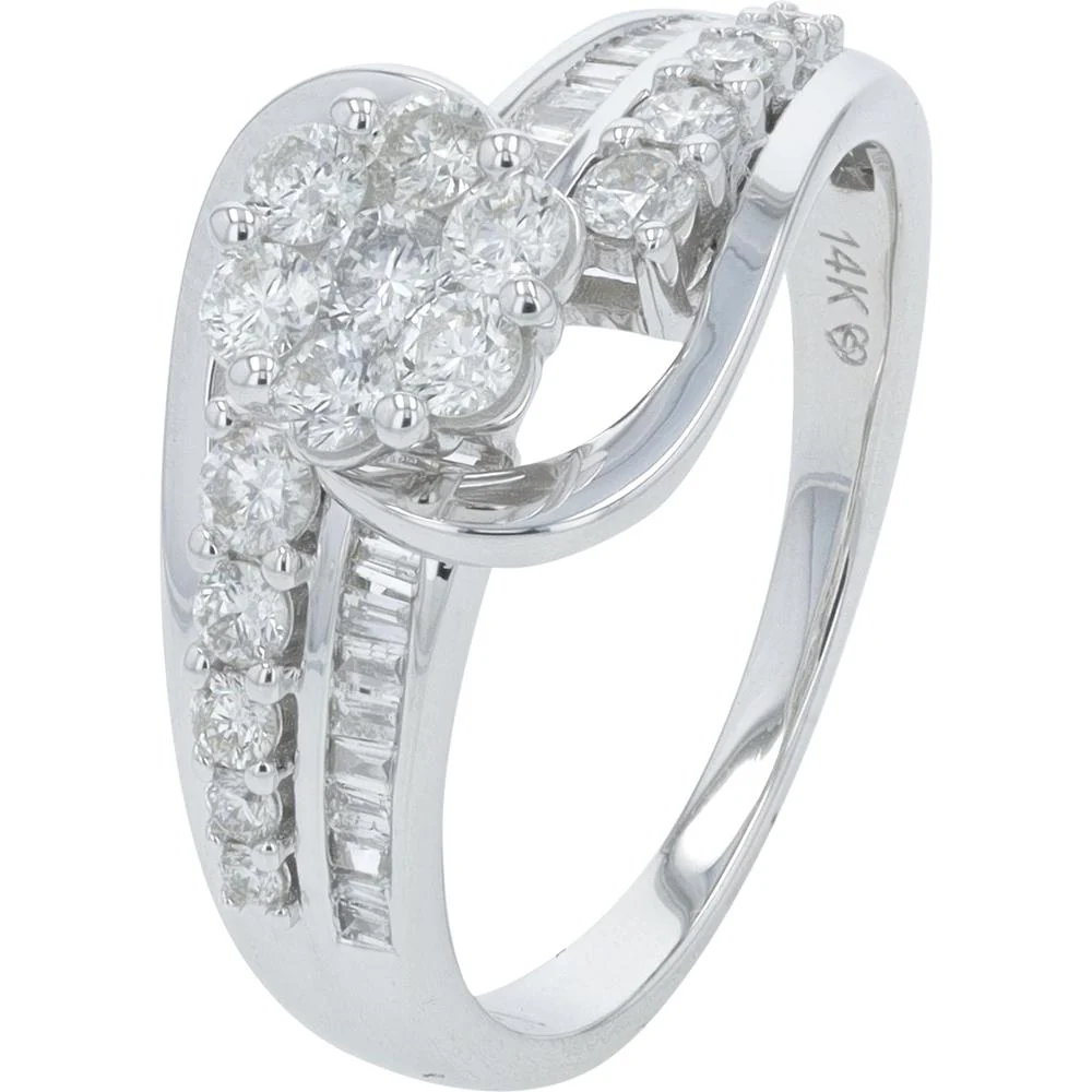 14K White Gold 1 Carat Diamond Engagement Ring with Round and Baguette Diamonds - 1.00 Carat Total Diamond Weight