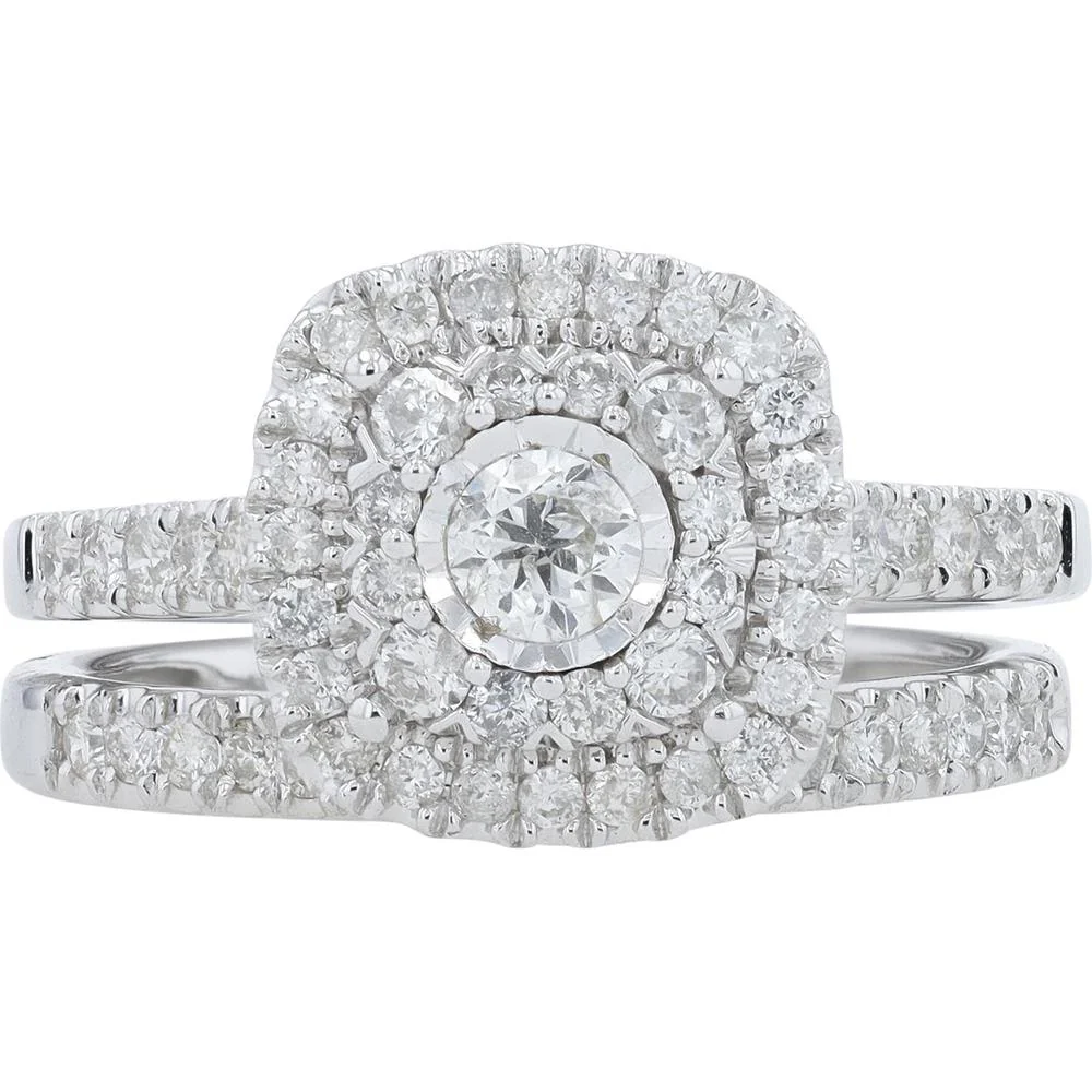 14K White Gold 1 Carat Diamond Halo Bridal Set with Round Diamonds - 1.00 Carat Total Diamond Weight