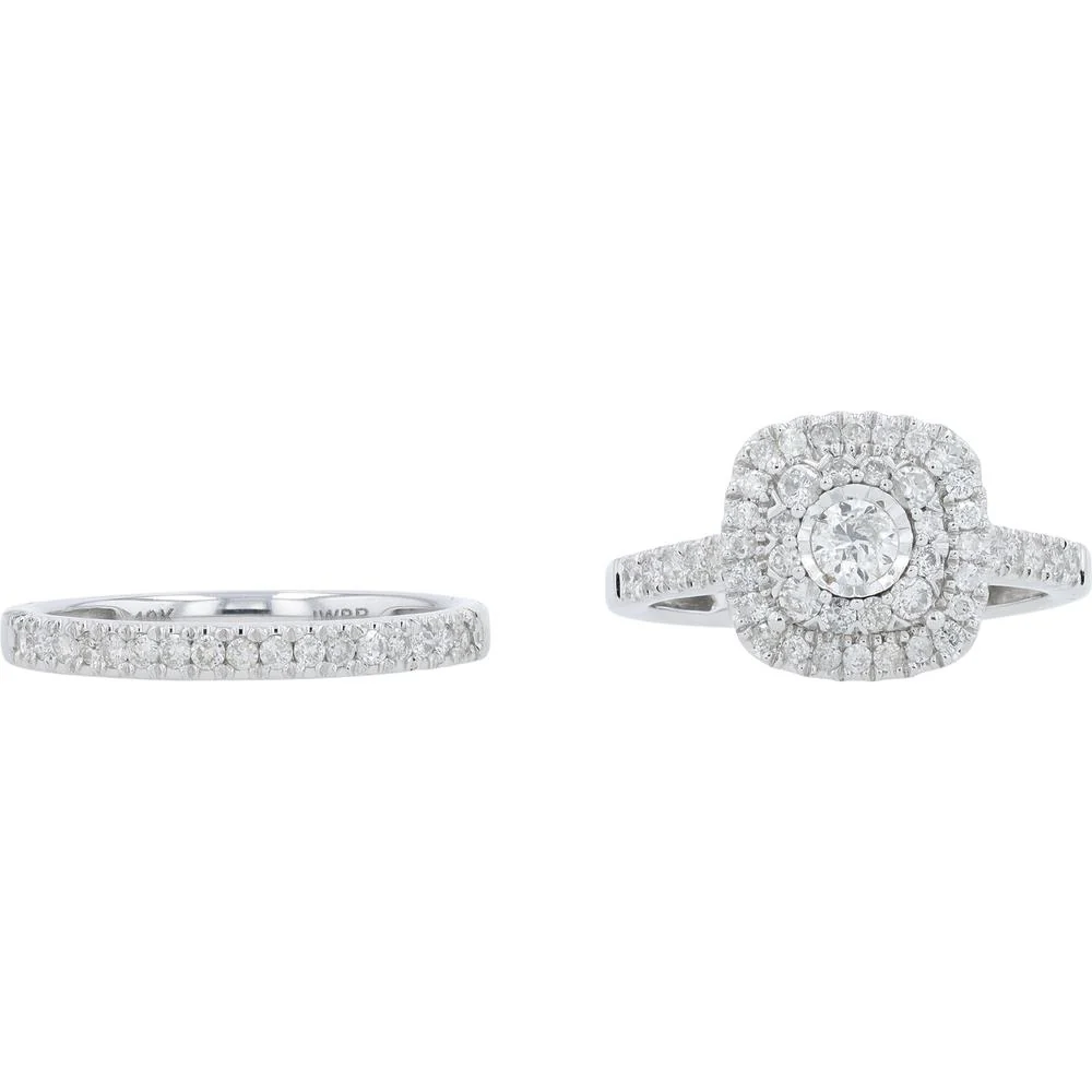 14K White Gold 1 Carat Diamond Halo Bridal Set with Round Diamonds - 1.00 Carat Total Diamond Weight - Image 2