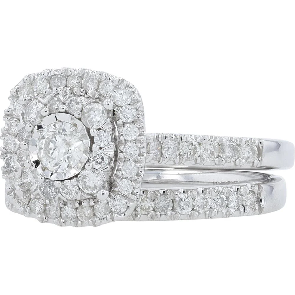 14K White Gold 1 Carat Diamond Halo Bridal Set with Round Diamonds - 1.00 Carat Total Diamond Weight - Image 3