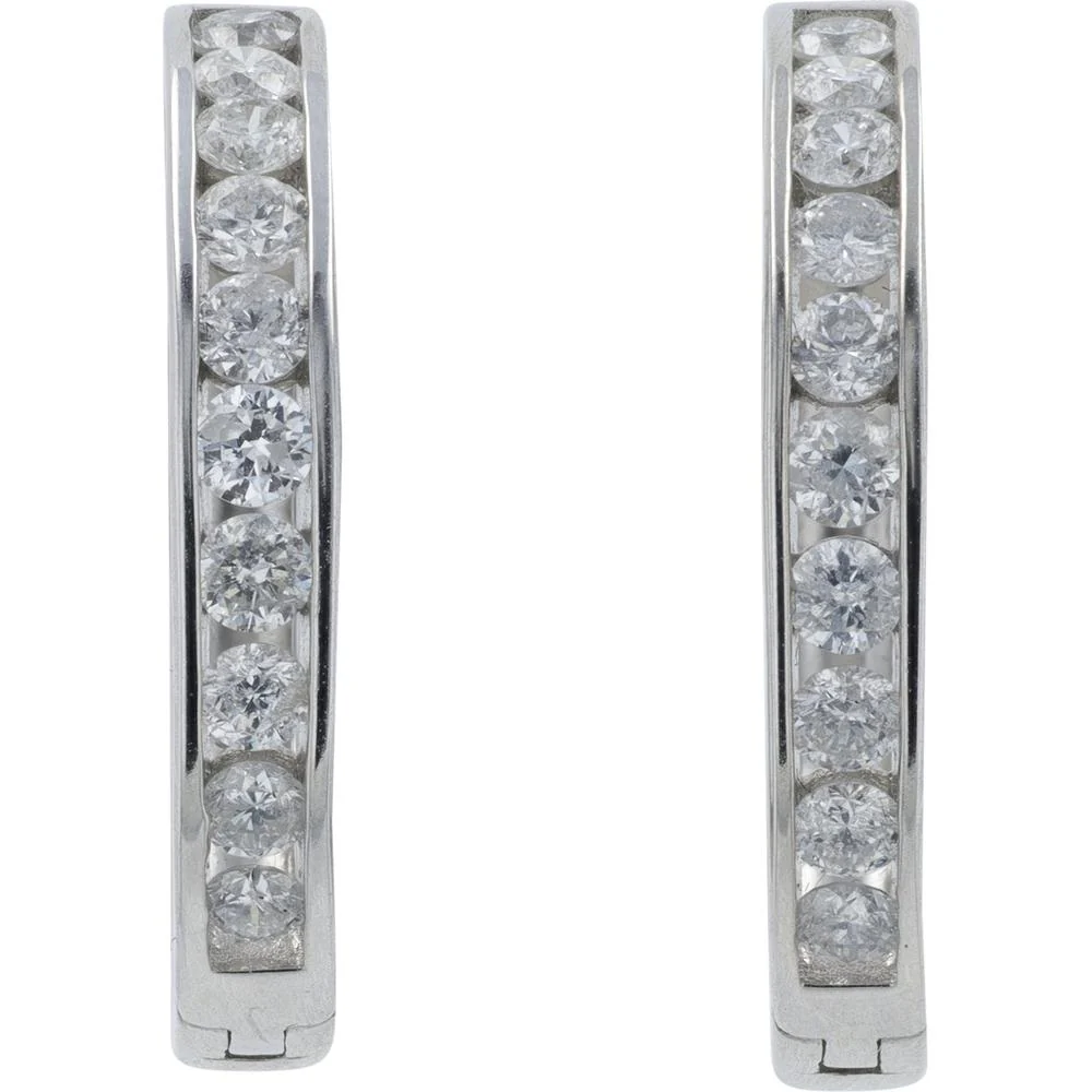 14K White Gold 1 Carat Diamond Hoop Earrings - Round Brilliant Diamonds - Image 2