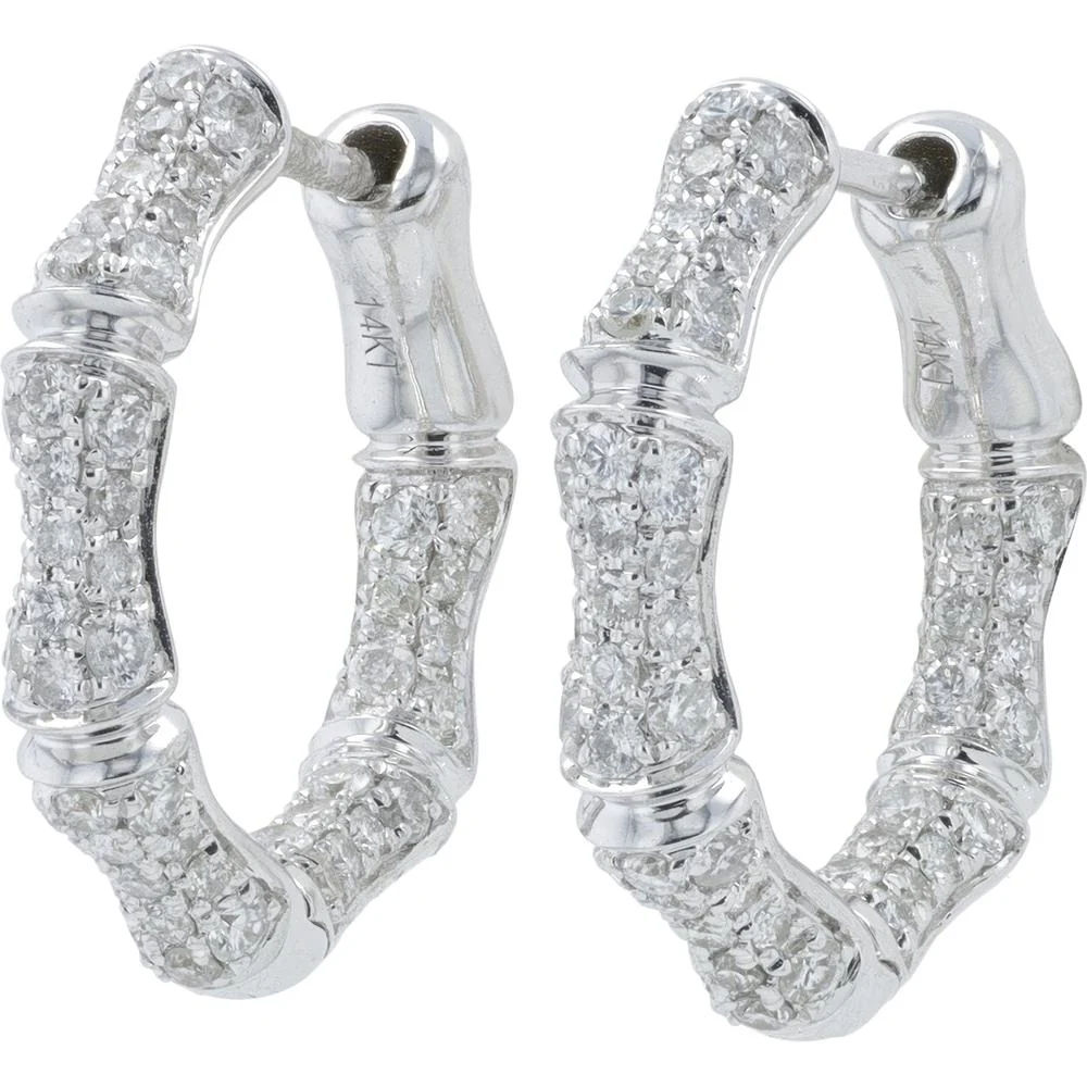 14K White Gold 1 Carat Diamond Inside - Out Bamboo Hoop Earrings - 1.00 Carat Total Diamond Weight
