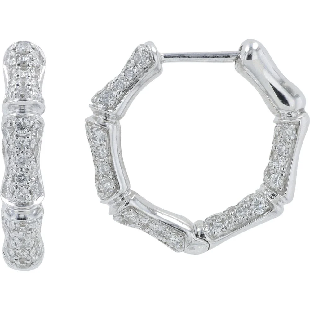 14K White Gold 1 Carat Diamond Inside - Out Bamboo Hoop Earrings - 1.00 Carat Total Diamond Weight - Image 2