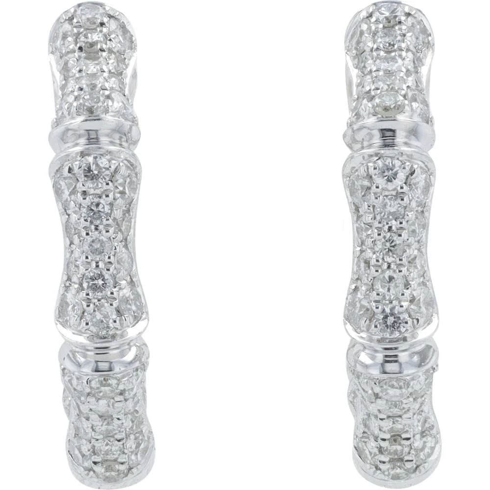 14K White Gold 1 Carat Diamond Inside - Out Bamboo Hoop Earrings - 1.00 Carat Total Diamond Weight - Image 3