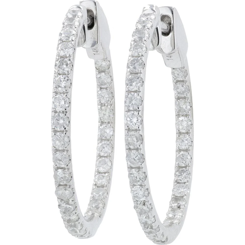 14K White Gold 1 Carat Diamond Inside - Out Large Hoop Earrings - 1.00 Carat Total Diamond Weight