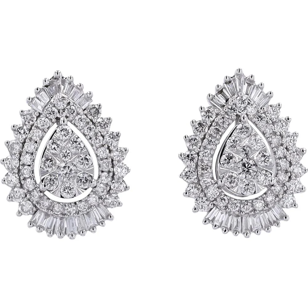 14K White Gold 1 Carat Diamond Pear - Shaped Drop Cluster Stud Earrings - 1.00 Carat Total Diamond Weight