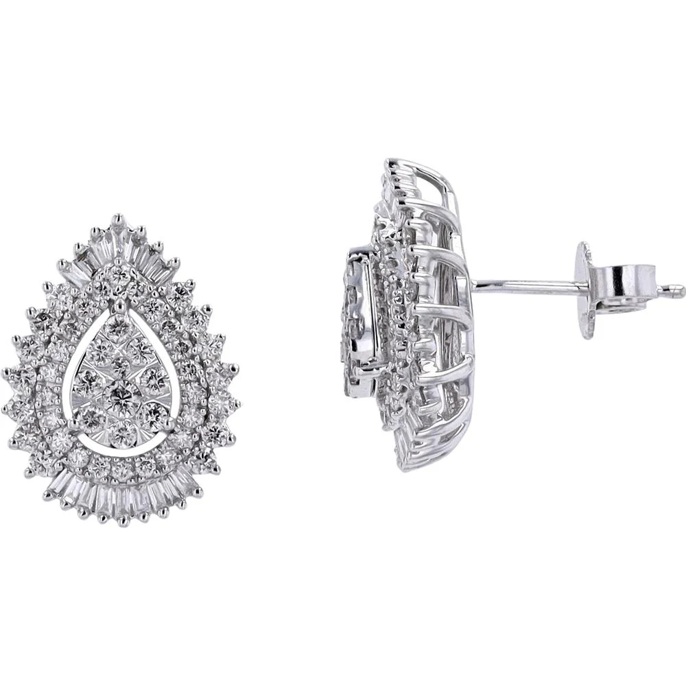 14K White Gold 1 Carat Diamond Pear - Shaped Drop Cluster Stud Earrings - 1.00 Carat Total Diamond Weight - Image 2