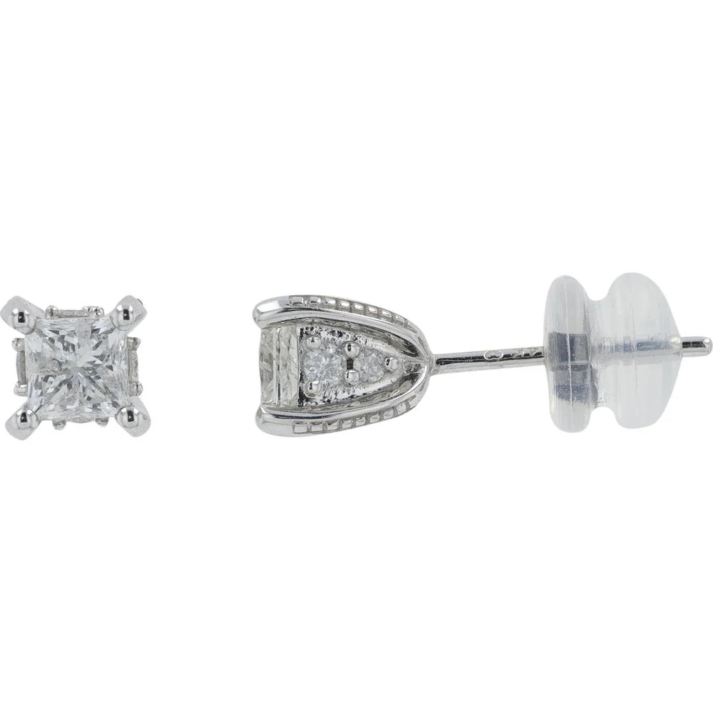 14K White Gold 1 Carat Diamond Princess Cut Stud Earrings - 0.50 Carat Each