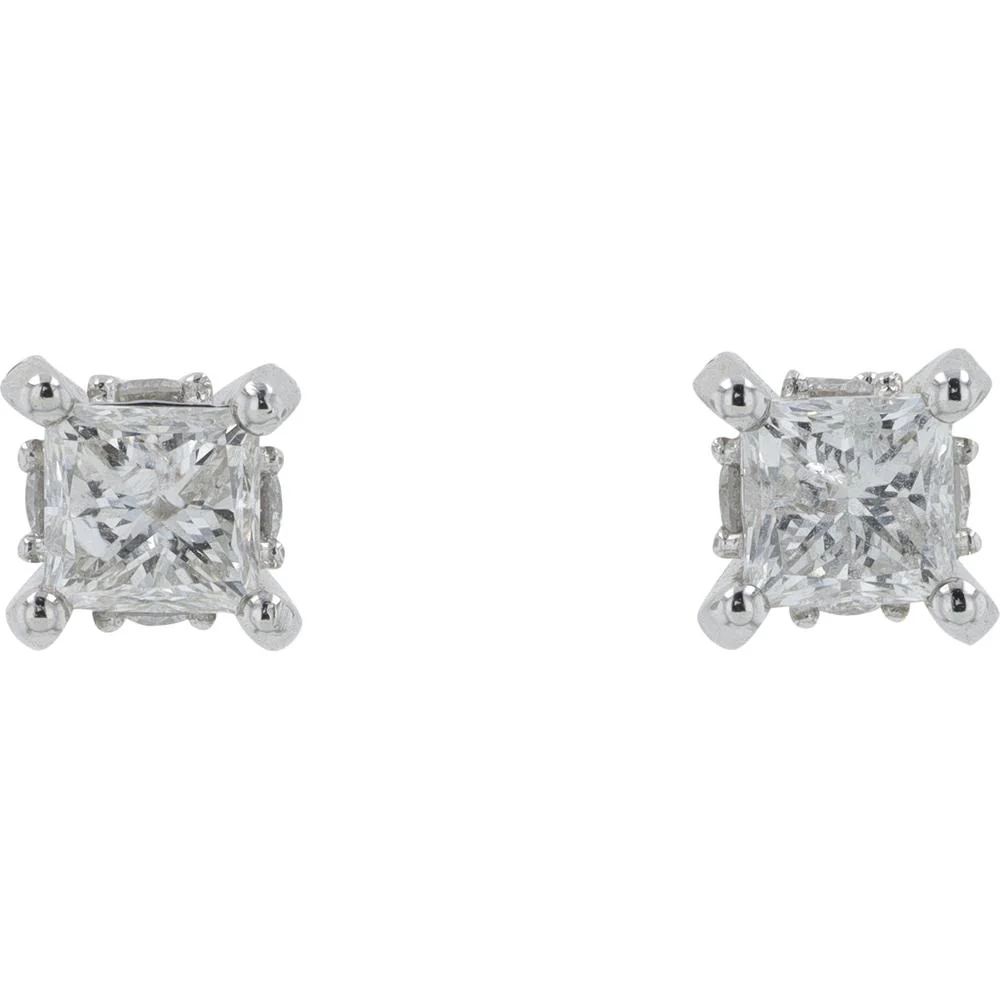 14K White Gold 1 Carat Diamond Princess Cut Stud Earrings - 0.50 Carat Each - Image 2