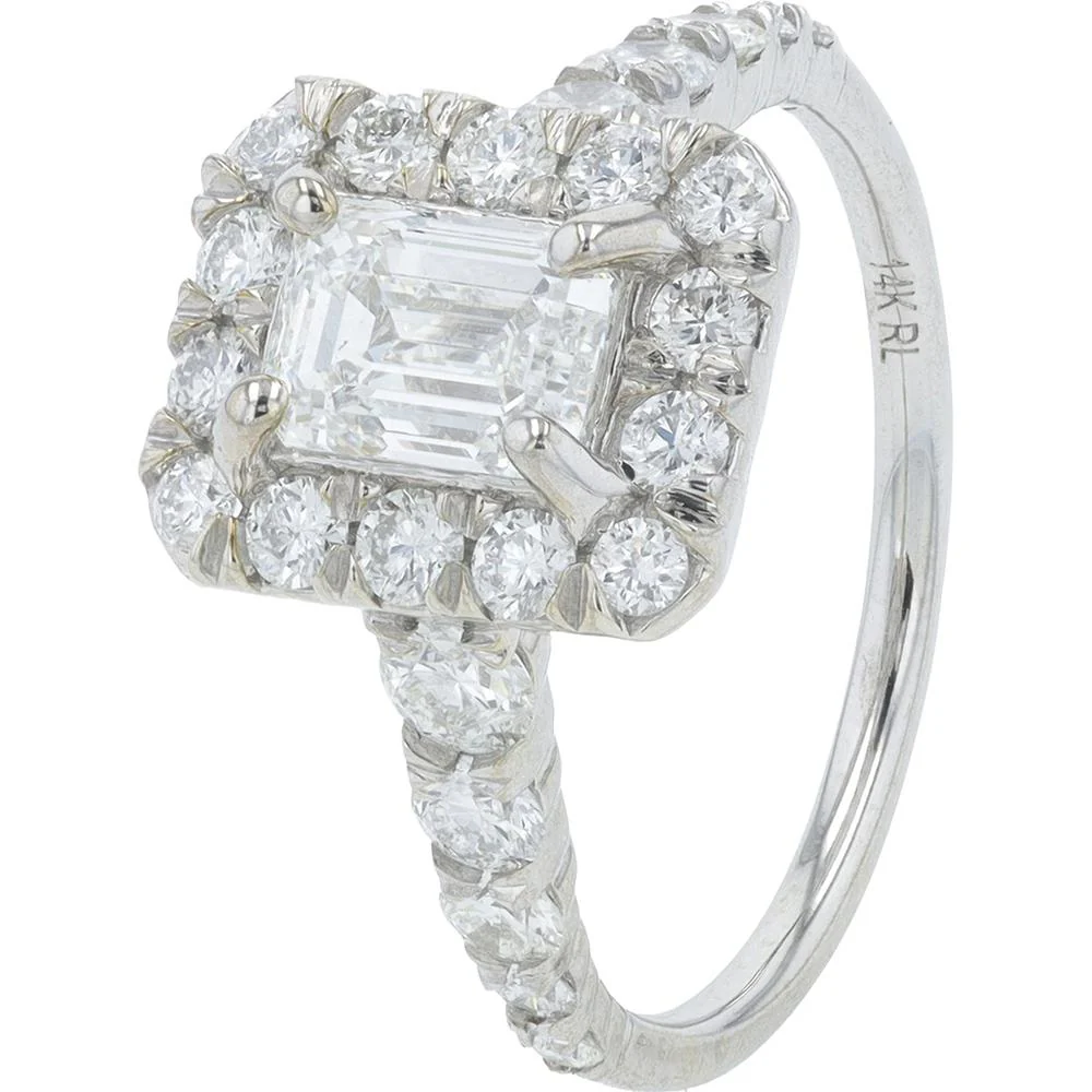 14K White Gold 1 Carat Emerald Cut Center Halo Engagement Ring with 2.00 Carat Total Round Diamonds