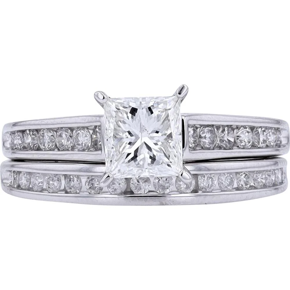 14K White Gold 1 Carat Princess Cut Center Bridal Set with Channel Set Diamonds - 1.50 Carat Total Diamond Weight