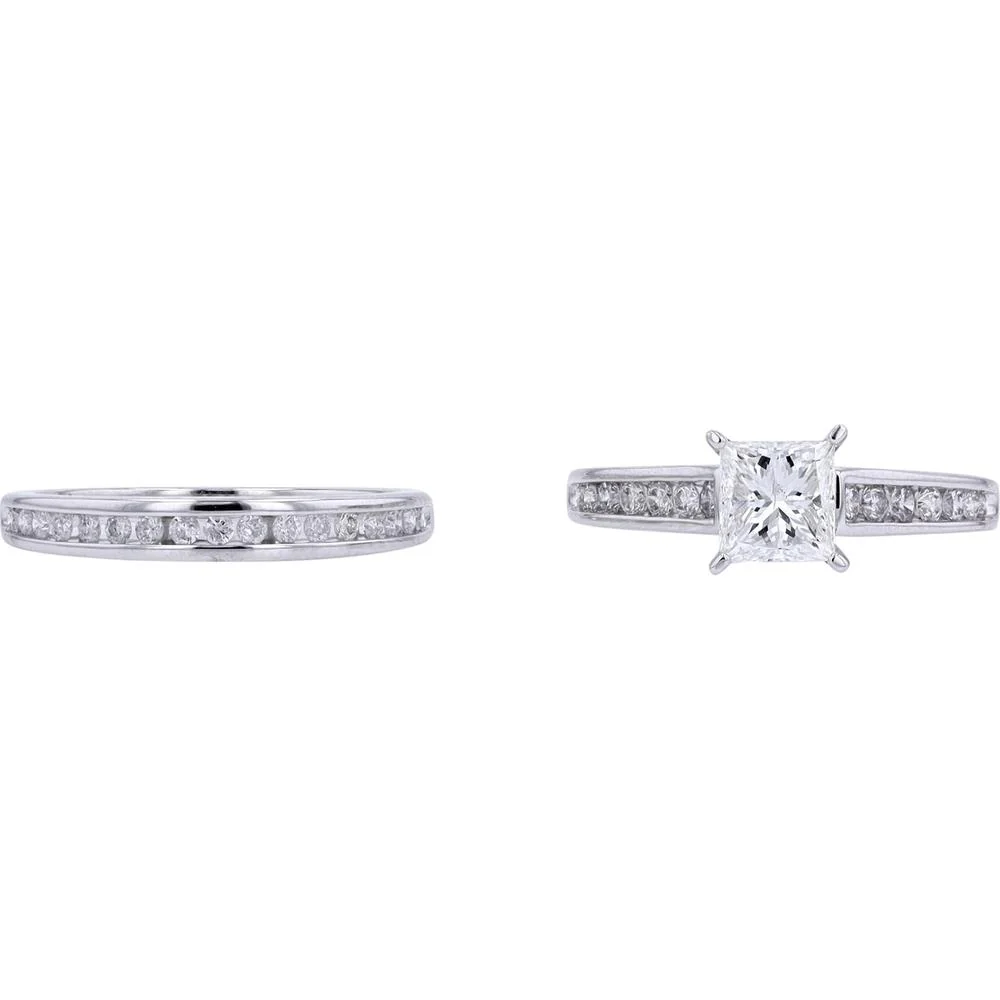 14K White Gold 1 Carat Princess Cut Center Bridal Set with Channel Set Diamonds - 1.50 Carat Total Diamond Weight - Image 2