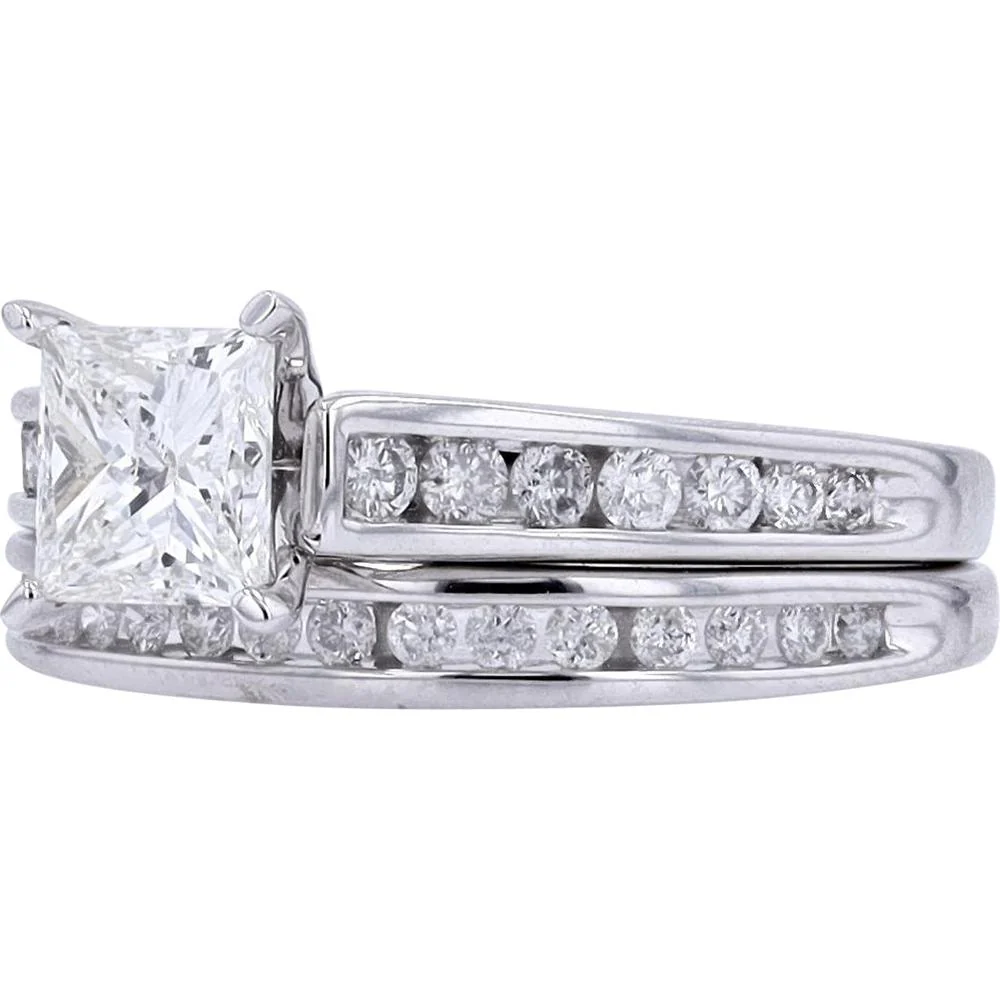 14K White Gold 1 Carat Princess Cut Center Bridal Set with Channel Set Diamonds - 1.50 Carat Total Diamond Weight - Image 3