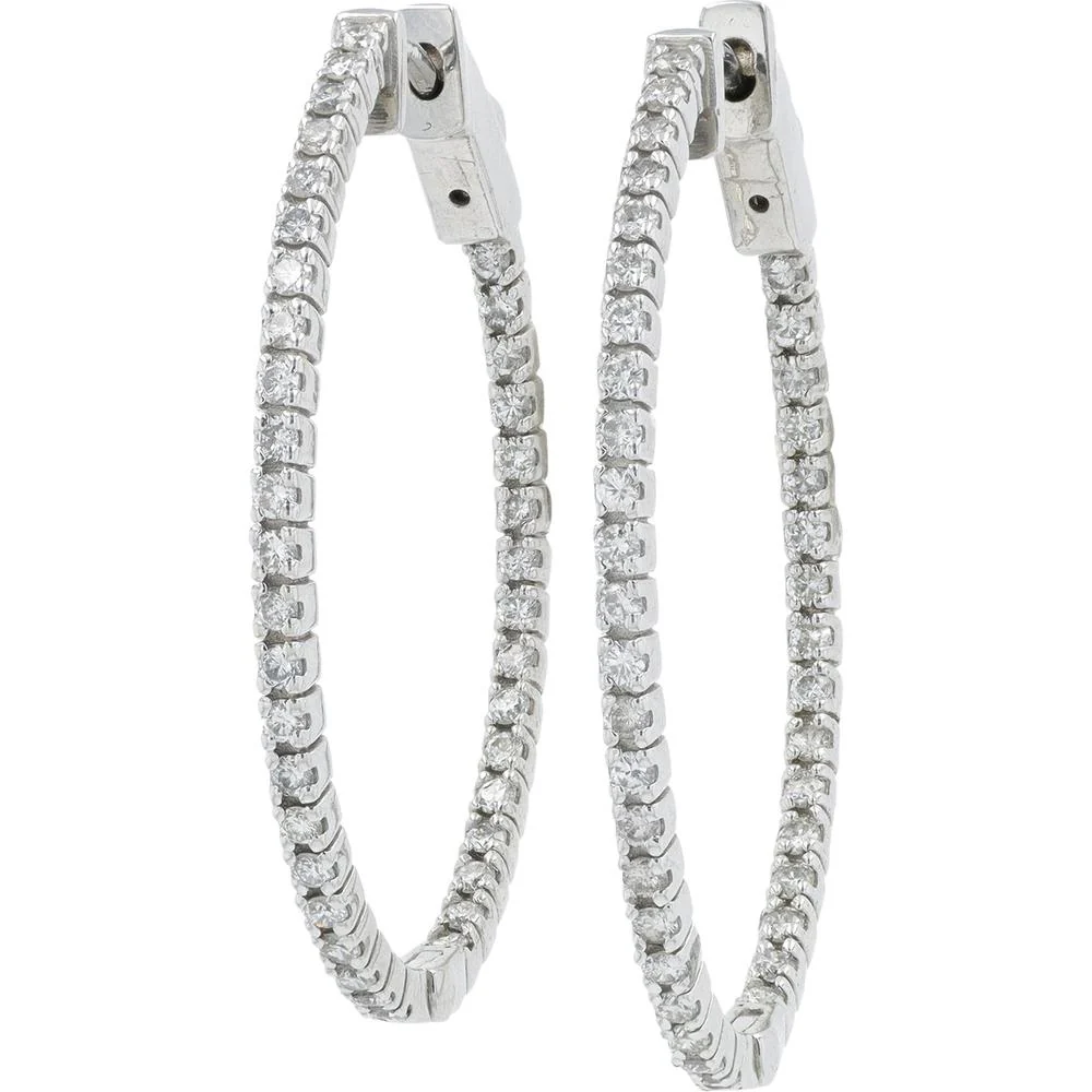 14K White Gold 1 Carat Round Diamond Inside - Out Hoop Earrings - 1.00 Carat Total Diamond Weight