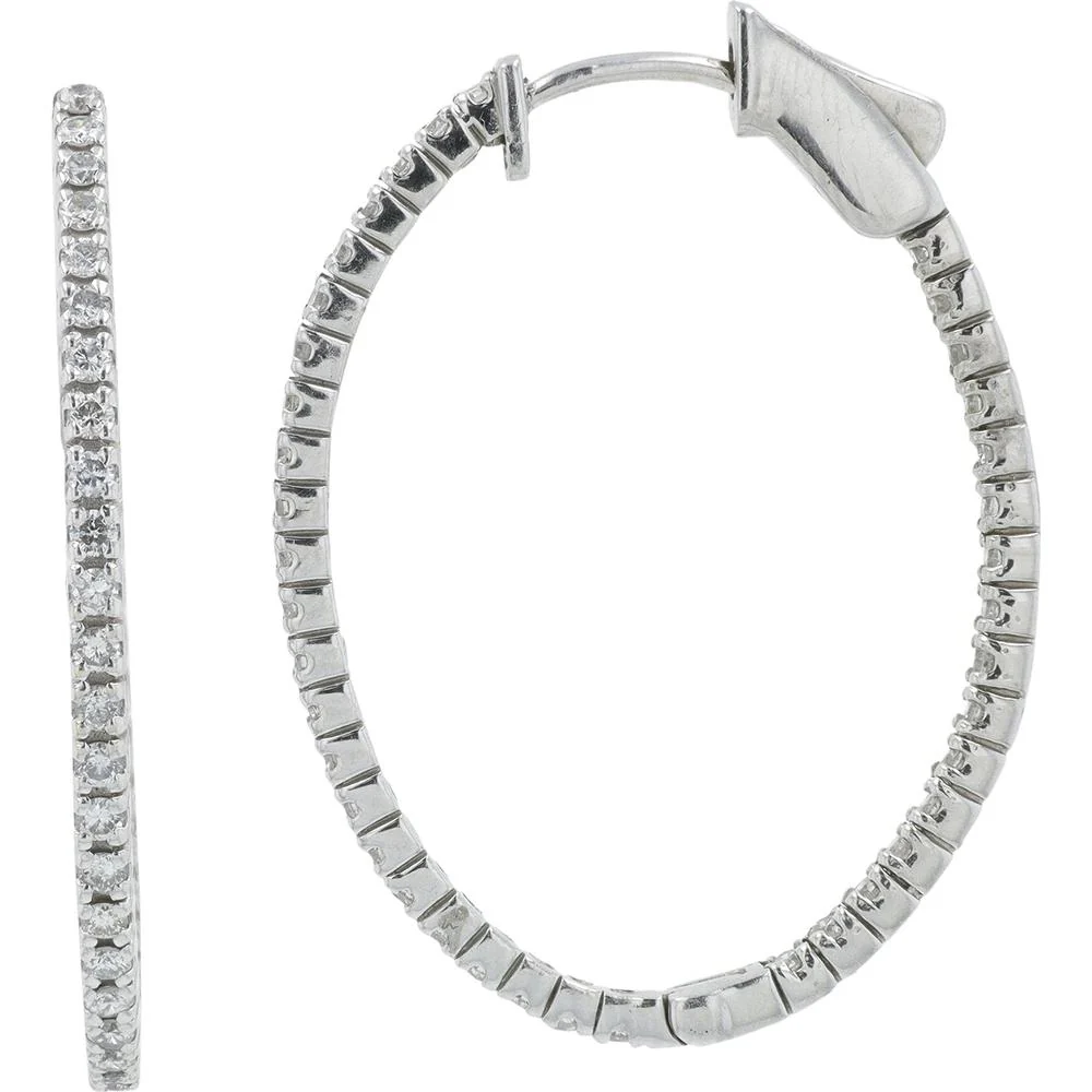 14K White Gold 1 Carat Round Diamond Inside - Out Hoop Earrings - 1.00 Carat Total Diamond Weight - Image 2