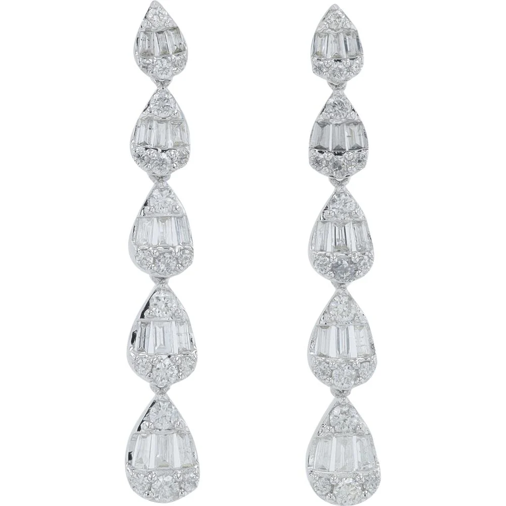 14K White Gold 1 Carat Total Diamond Drop Earrings with Baguette and Round Diamonds