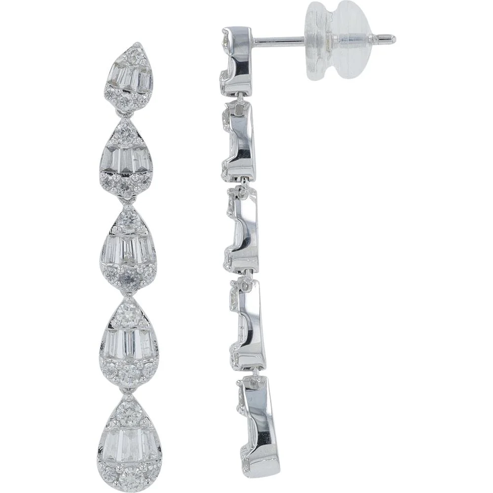 14K White Gold 1 Carat Total Diamond Drop Earrings with Baguette and Round Diamonds - Image 2