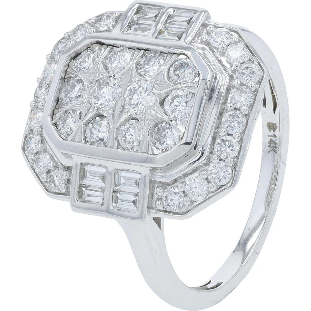 14K White Gold 1 Carat Total Diamond Ring with Milgrain Detail and Prong Setting