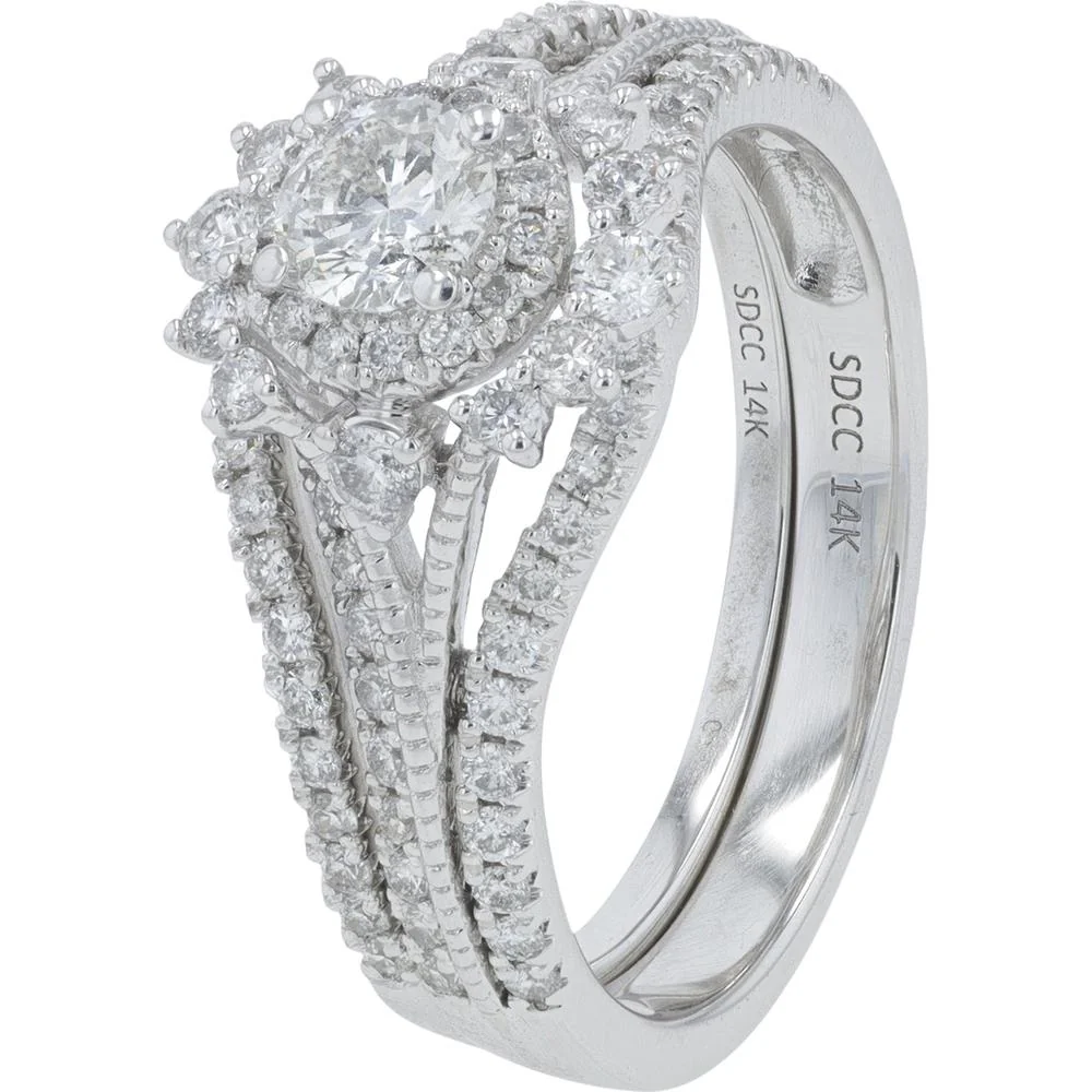 14K White Gold 1 Carat Total Weight Diamond Bridal Ring with Halo and Pavé Split Shank