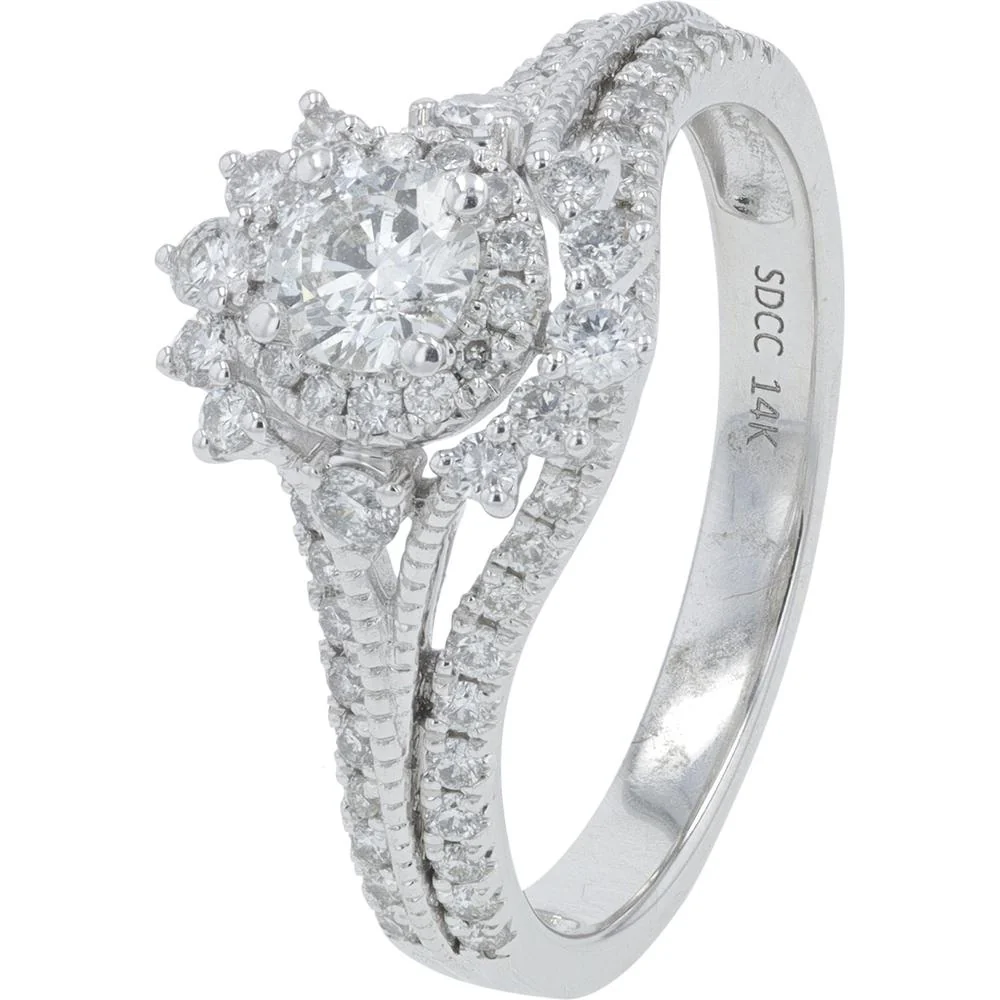 14K White Gold 1 Carat Total Weight Diamond Bridal Ring with Halo and Pavé Split Shank - Image 2