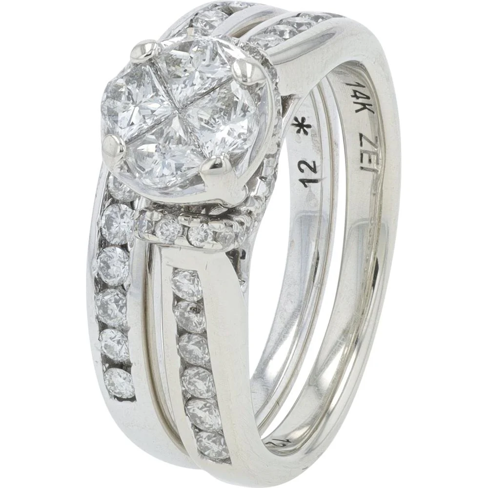 14K White Gold 1 Carat Total Weight Diamond Bridal Set with Milgrain and Prong Set Diamonds