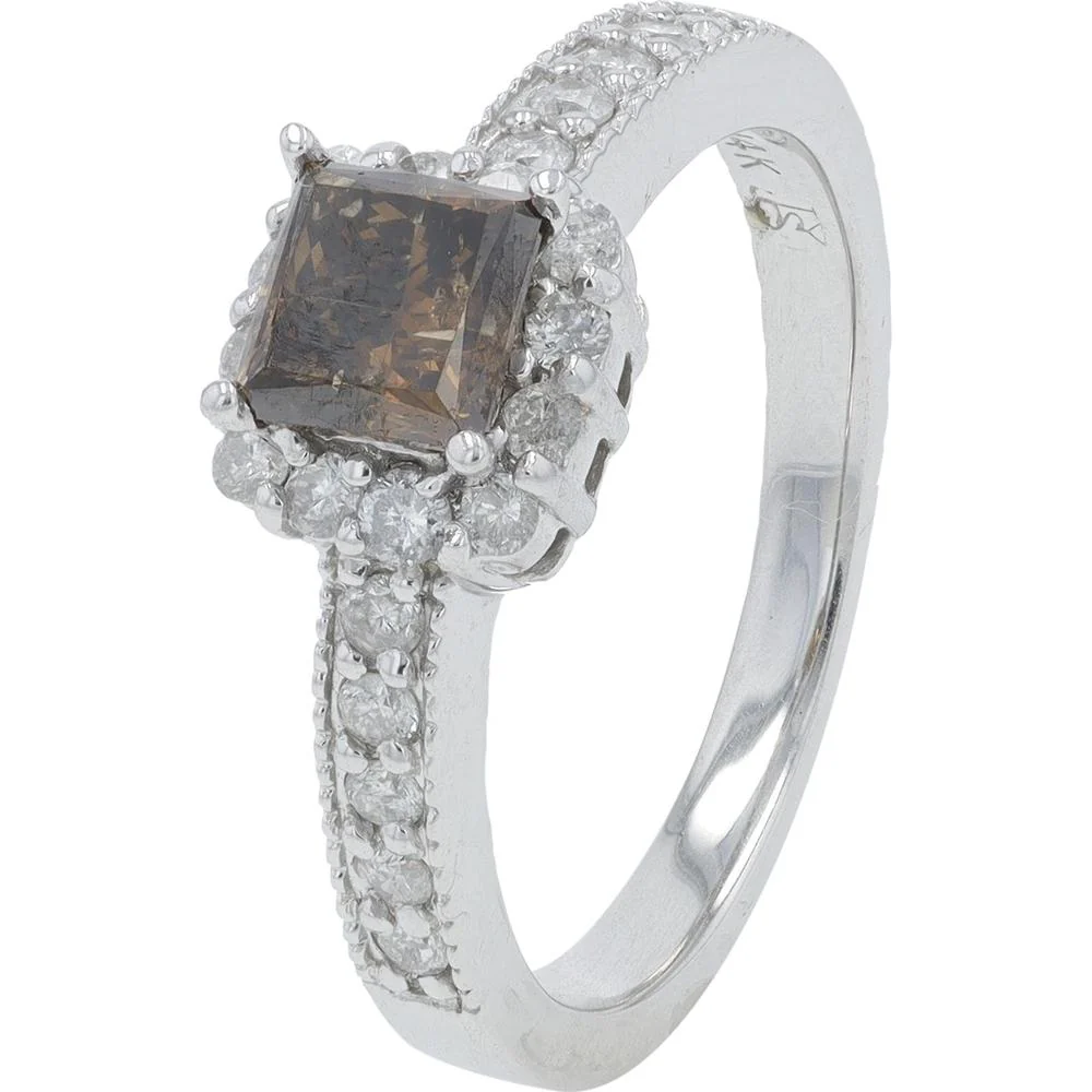 14K White Gold 1 Carat Total Weight Diamond Engagement Ring with 0.75 Carat Princess Cut Center and Pave Accents