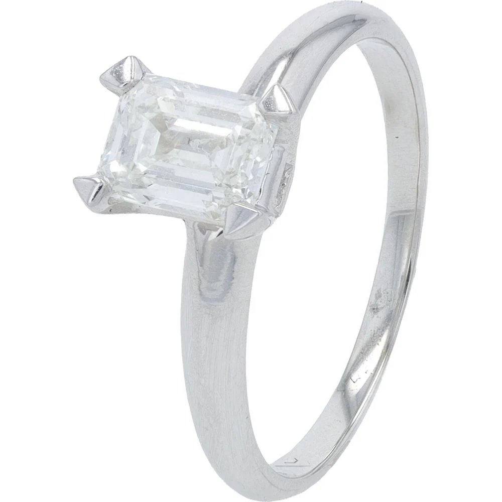 14K White Gold 1 Carat Total Weight Emerald - Cut Diamond Solitaire Engagement Ring