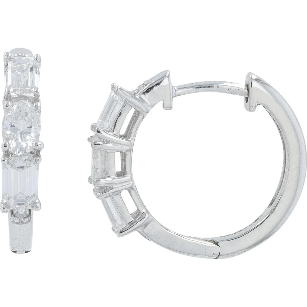 14K White Gold 1 Carat Total Weight Lab Grown Diamond Hoop Earrings - Round and Baguette Diamond Setting