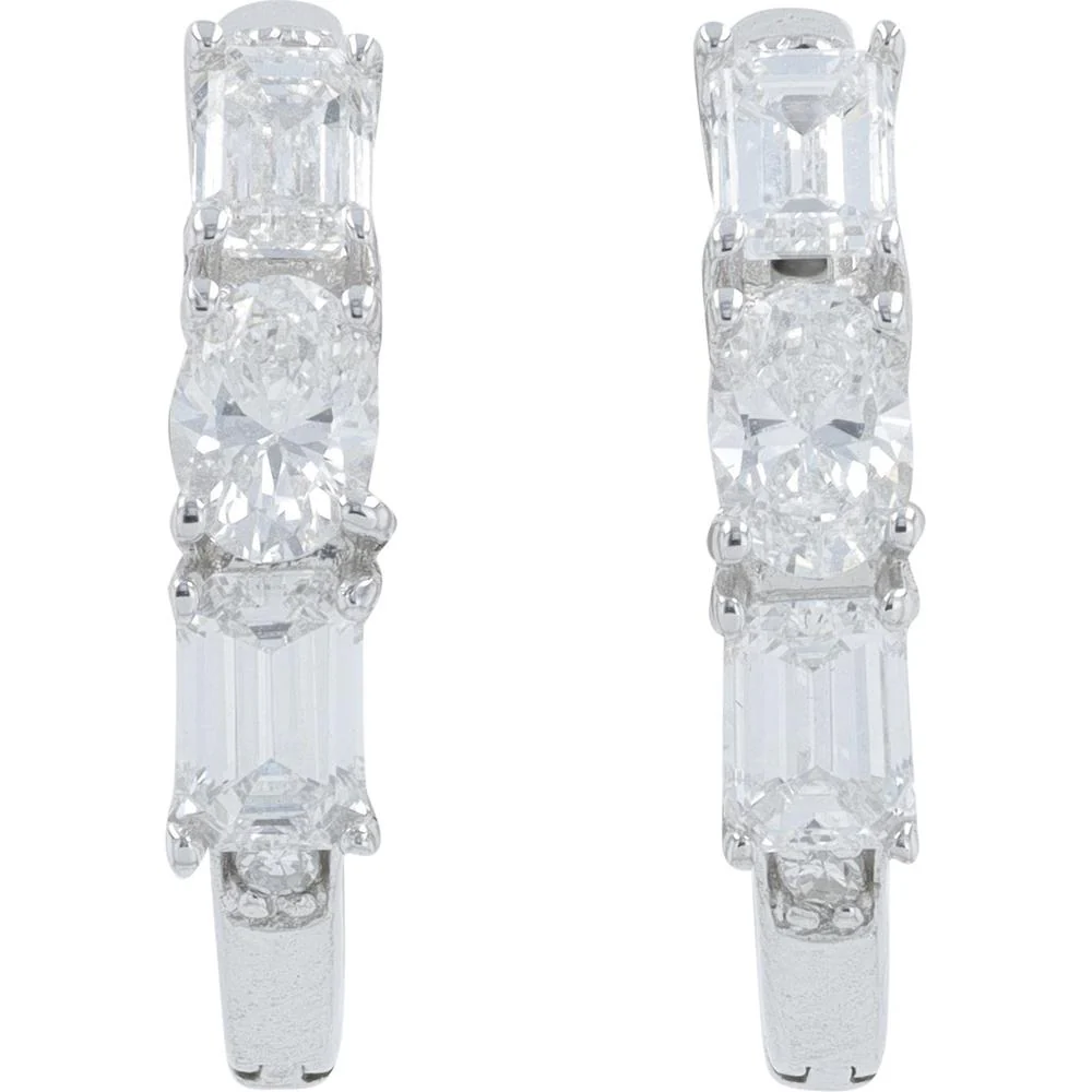 14K White Gold 1 Carat Total Weight Lab Grown Diamond Hoop Earrings - Round and Baguette Diamond Setting - Image 2
