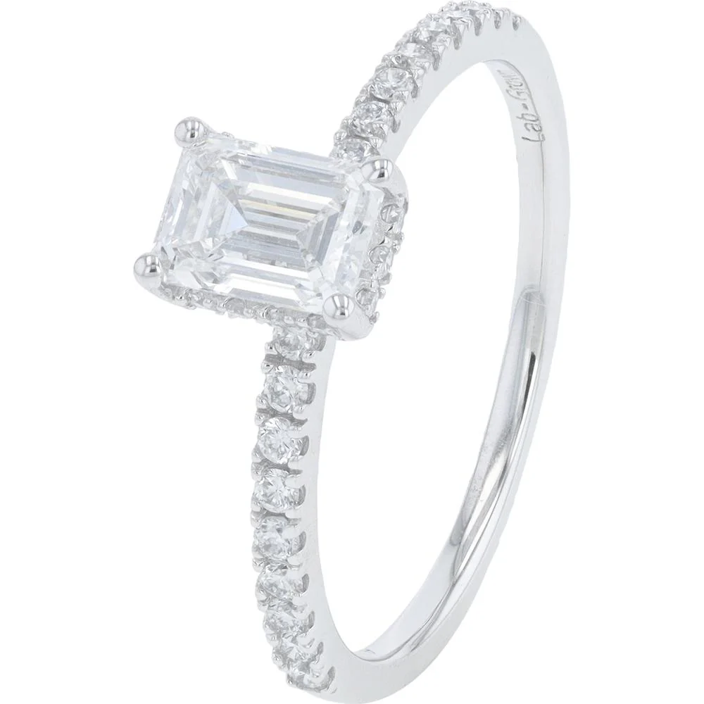 14K White Gold 1 Carat Total Weight Lab Grown Emerald Cut Diamond Ring