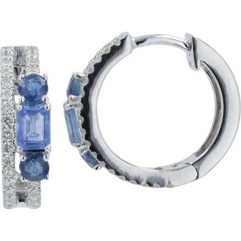 14K White Gold 1 Carat Total Weight Sapphire and Diamond Hoop Earrings - 1.00 Carat Total Sapphire Weight, 0.40 Carat Total Diamond Weight
