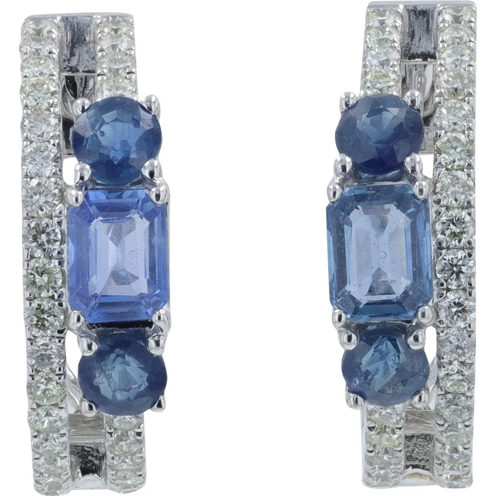 14K White Gold 1 Carat Total Weight Sapphire and Diamond Hoop Earrings - 1.00 Carat Total Sapphire Weight, 0.40 Carat Total Diamond Weight - Image 2