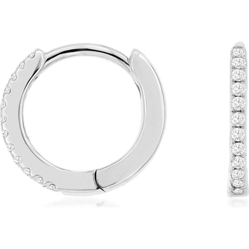 14K White Gold 10mm Diamond Huggie Hoop Earrings with Pavé-Set Round Diamonds - 0.07 Carats Total Diamond Weight - Royal Jewelry