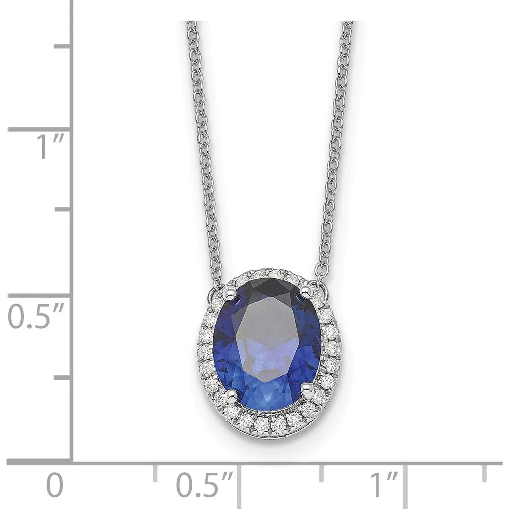 14K White Gold 10x8mm Oval Lab Created Sapphire and Diamond Halo Necklace - 3.15 Carat Sapphire, 0.156 Carat Diamond by Oro Pregiato - Image 3