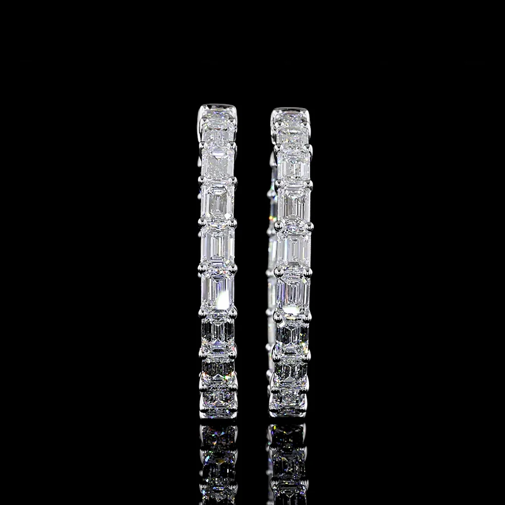 14K White Gold 11.56 Carat Emerald Cut Lab Diamond East-West Hoop Earrings with E-F VS Clarity - 34 Stones Total - Covaloro Fine Jewelry