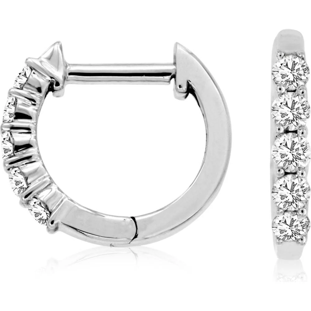 14K White Gold 11mm Huggie Hoop Earrings with Round Diamonds - 0.25 Carat Total Diamond Weight - Royal Jewelry