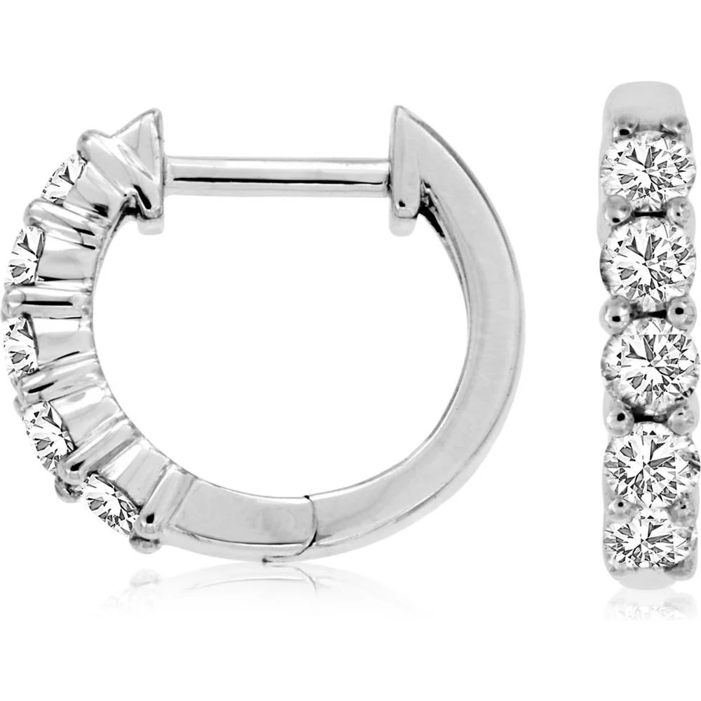 14K White Gold 12mm Huggie Hoop Earrings with Prong Set Round Diamonds - 0.50 Carat Total Diamond Weight - Royal Jewelry