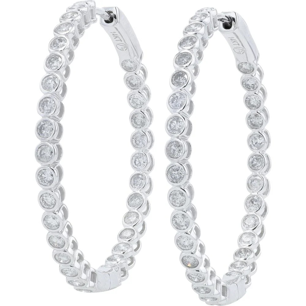 14K White Gold 14 Inside - Out Hoop Earrings with 3.00 Carat Total Round Diamonds